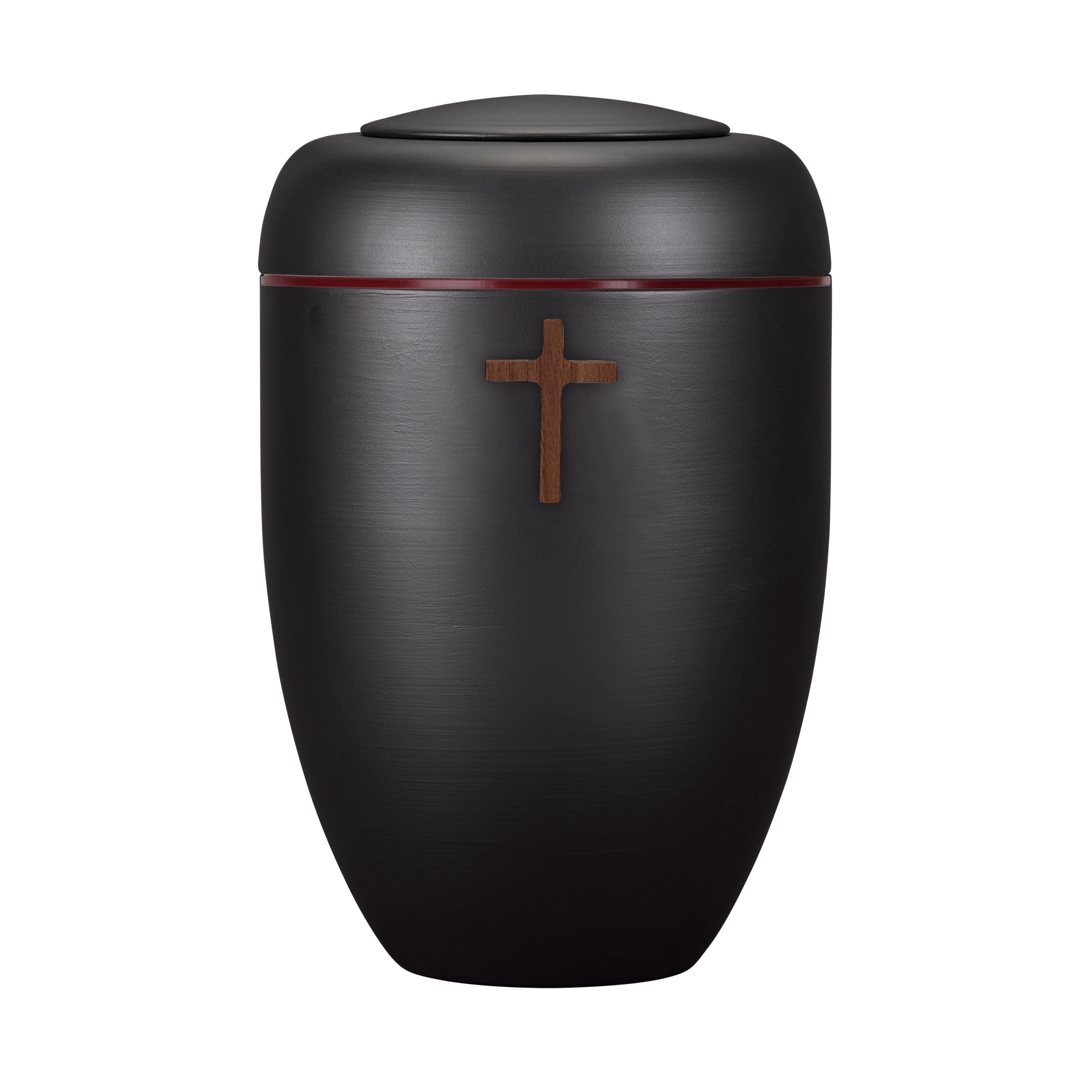 Schwarze Symbol-Urne mit Holzkreuz und roter Plexiglasscheibe